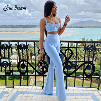 2021 Summer New Women's Fashion Sexy Bandage 2 Two-piece Set Sleeveless Tight Short Top & High Waist Flared Trousers Pants Set 1