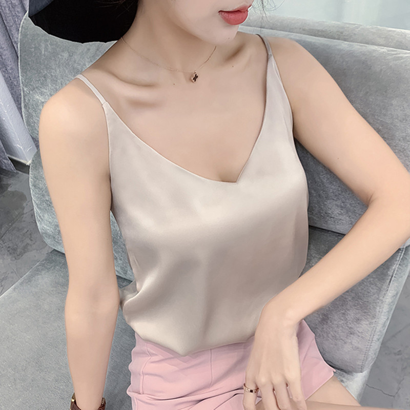 2022 Summer Silk Camis V-Neck Basic Top Women Basic Tank Tops Woman Sleeveless Vest White Satin Corset Top Female Girls Clothing 1
