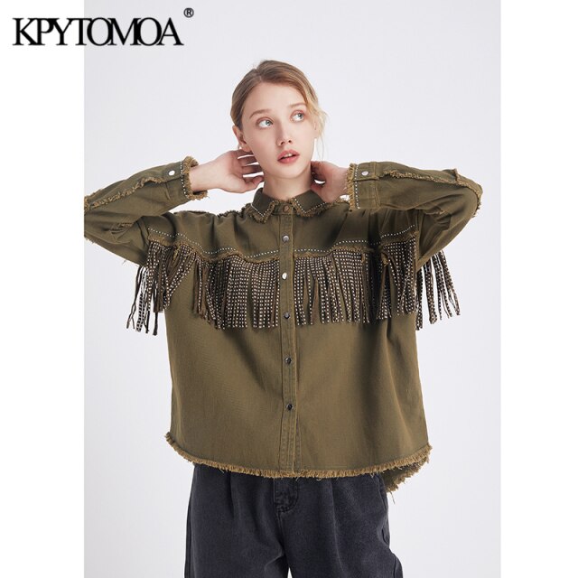 Vintage Stylish Fringe Beaded Loose Denim Jacket  1