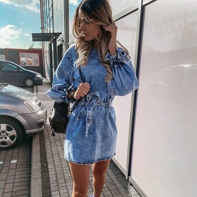 Round Neck Slim Sashes Solid Long Petal Sleeve Denim Mini Dress 4