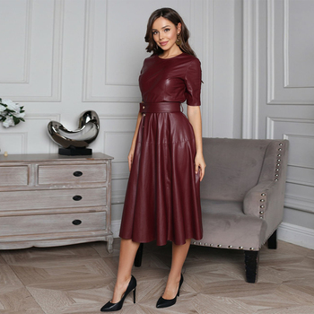 WOARCHO Casual O-Neck Half Sleeves Belt PU Leather Dresses Woman Solid Fit and Flare Mid-calf Dresses 2020 New Fashion 2