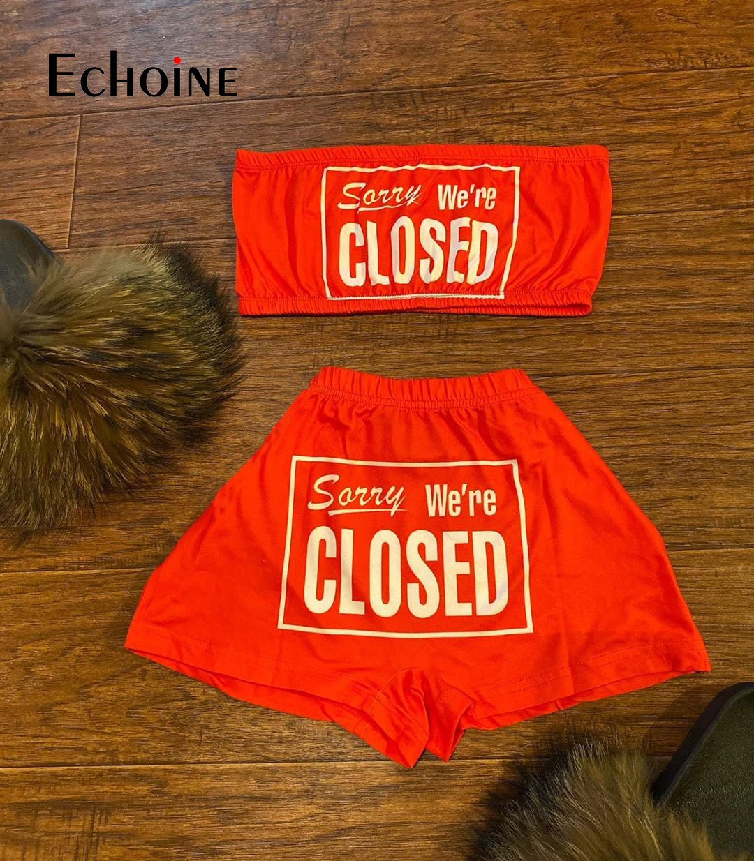 Echoine Women Candy Print Sexy 2 Two Piece Set Tube Crop Top Biker Shorts Suit Bodycon Suits Tracksuit Fitness Clothing Outfits 3