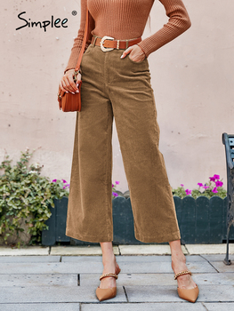Simplee Cotton corduroy women pants autumn winter Office causal button wide-legged pants Fashion green blue female trousers 2021 1