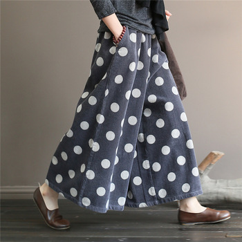 Johnature Women Corduroy Wide Leg Pants Vintage Elastic Waist Trouser 2021 Spring New Print Dot Casual Soft Women Loose Pants 3
