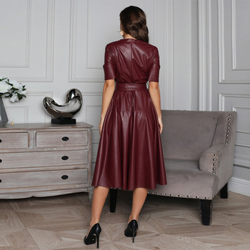 WOARCHO Casual O-Neck Half Sleeves Belt PU Leather Dresses Woman Solid Fit and Flare Mid-calf Dresses 2020 New Fashion 4
