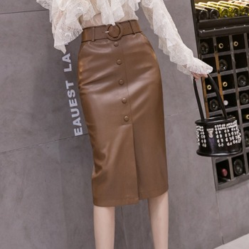 Harajuku PU Leather Pencil Skirts Women High Waist Single-breasted Midi Skirts With Belt Plus Size Black Khaki Skirt jupe femme 1