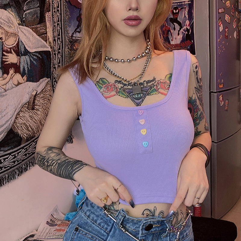 Sexy Button Tank Tops Fashion Womens Purple Vest Off Shoulder Halter Blusa Shirt 2022 Summer Slim Crop Top Camisole 1