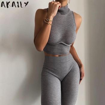 Akaily Autumn Ribbed Knitted 2 Two Piece Sets Tracksuit Womens Outfits 2021 Turtleneck Sleeveless Crop Top And Long Pants Sets 1