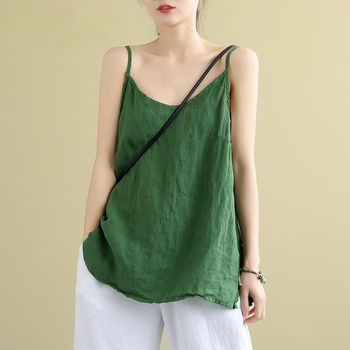 Women's Summer Top Cotton Linen Spaghetti Strap Top Women Halter V Neck Basic Yellow Sleeveless Tank Tops Loose Casual Camis 2