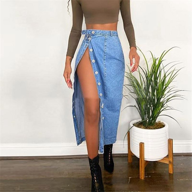 2021 Summer Casual Blue Jeans Fringed Split Women Long Skirts Pants Women Fashion High-waist Denim Long Skirts 1