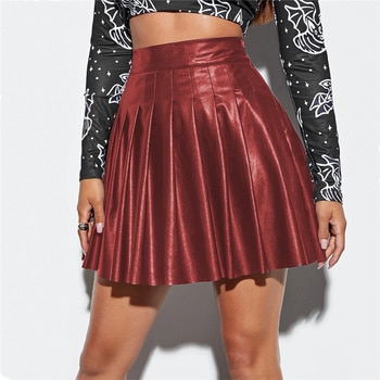 Women Trendy Solid Color Pleated Skirt, High Waist PU Leather A-Line Short Skirt for Club Party, Black/ Wine Red, S/M/L/XL/XXL 9