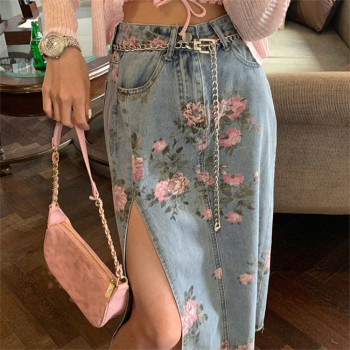 Streetwear Vintage Flowers Print Long Denim Skirts Summer 2021 High Waist Slim Sexy Open Split Straight Skirt Jeans Saias Female 1