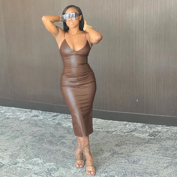 Dulzura Pu Faux Leather Women Slit Midi Dress Strap V Neck Backless Bodycon Sexy Streetwear Party Elegant Autumn Winter Club 15