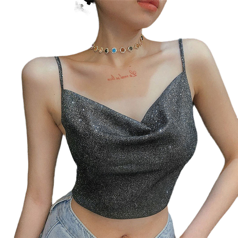 2020 Fashion Trend Women´s Sexy Backless Slim Fit Sling Bottoming Crop Tops Glitter Vest Loose Party Solid Tank Sun-Top Camisole 1