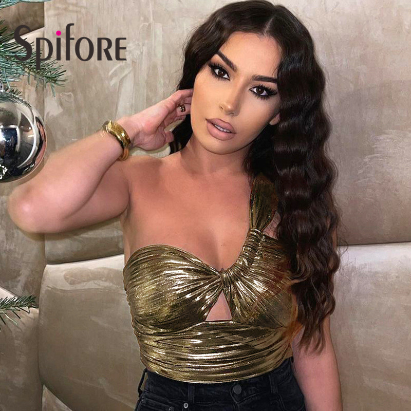 Spifore 2022 Summer Ruched Women Gold Crop Top Sexy One Shoulder Wrap Sheath Tank Top Fashion Party Clubwear Female Shirts 1