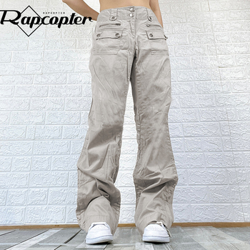 Gray Ruched Cargo Jeans Zipper Button High Waisted Vintage Pockets Zipper Baggy 1