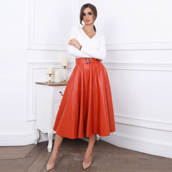 Moarcho Women Pu Leather A-Line Skirts Summer Solid Color Belt Fashion Office Lady Elegant Party Club Skirt 2021 New Arrival 1