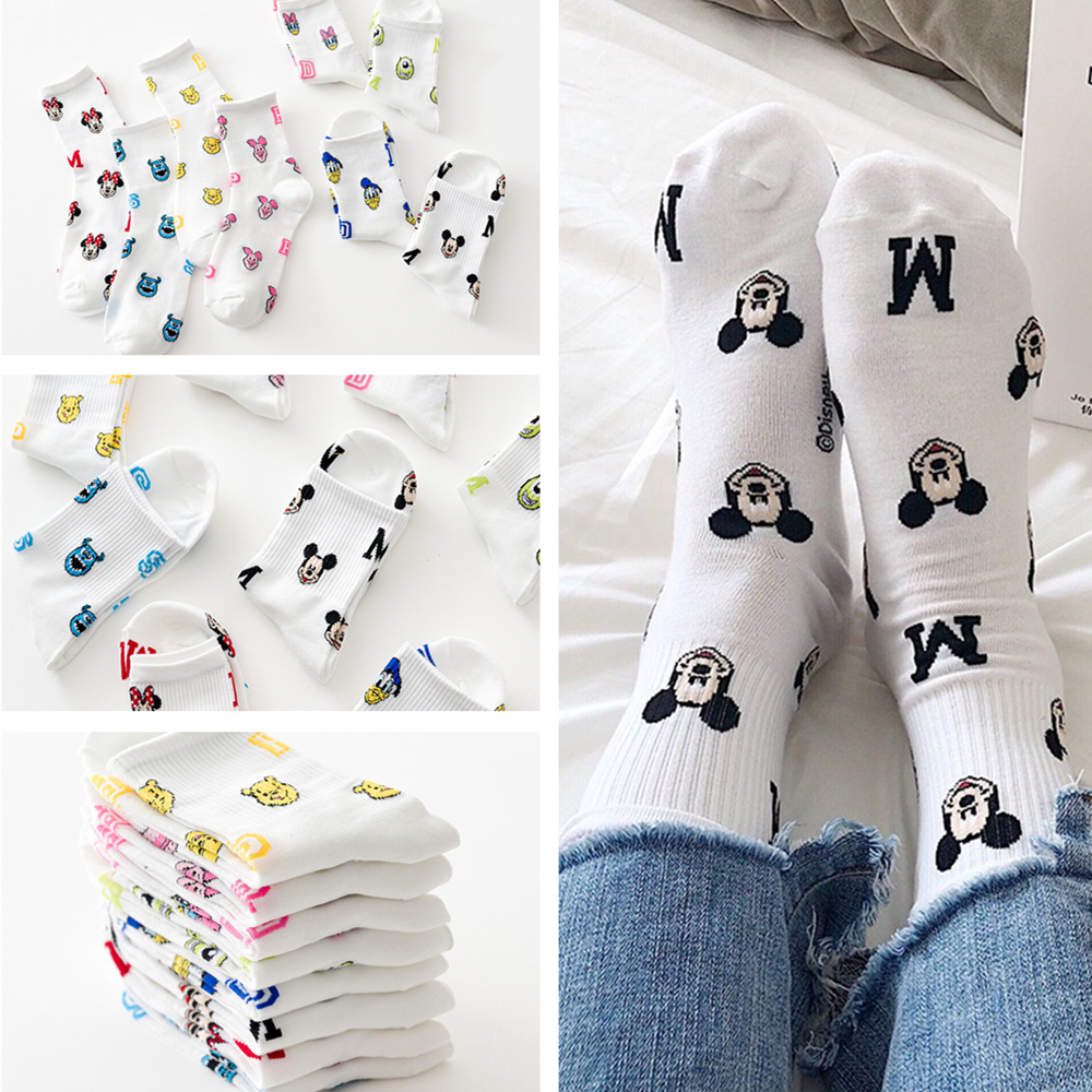 8 Pairs Disney Cartoon Socks Cute Mickey Minnie Daisy Donald Winnie Piglet Print White Funny Harajuku Fashion Kawaii Girl Sock 1