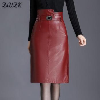 Women PU Leather Bodycon Skirts  Spring Autumn Back Slit High Waist Streetwear Straight Skirt Knee-Length Pocket PU Skirt  1