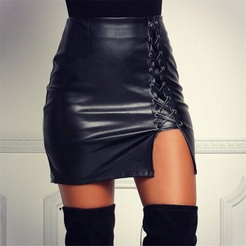 Autumn Ladies Above Knee Black PU Leather Mini Skirts Spring Women High Waist Bodycon Front Split Elegant Short Skirt DS334 1
