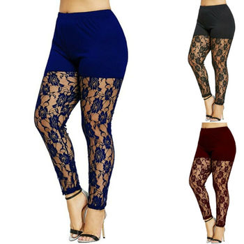 New Women Casual Skinny Pants Leggings Fashion Patchwork Print Mesh Elastic Waist Full Pencil Leggings Plus Size US 4