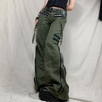 Bandage Low Waist Cargo Pants Gothic Punk Baggy Retro Kawaii Trousers Grunge Green Zipper Jeans Women Korean Sweatpants 1