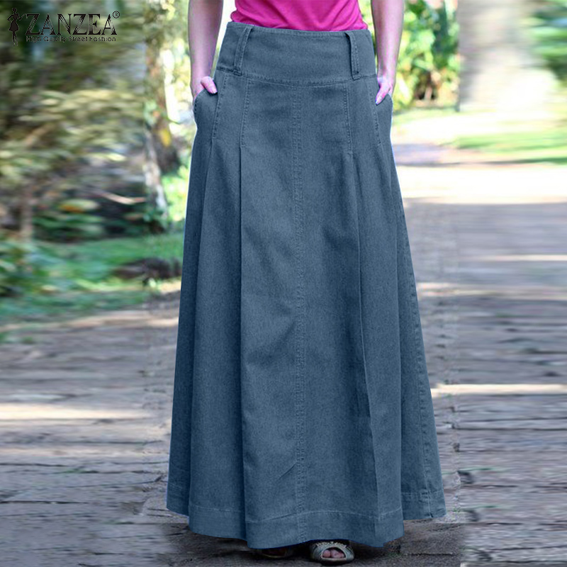 ZANZEA Summer Women Denim Blue Long Skirts Femme Robe Solid Maxi Vestido Jupe Vintage High Waist Party A-lien Skirt Faldas Saia 1