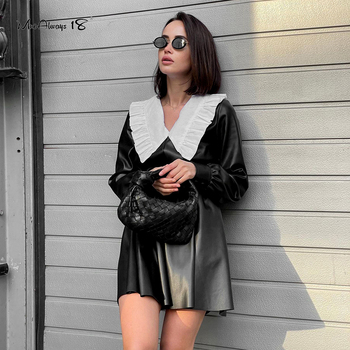 Mnealways18 Patchwork Women Leather Dress With Peter Pan Collar High Waist Autumn Winter Dress Elegant Ladies Black Dress Frill 3
