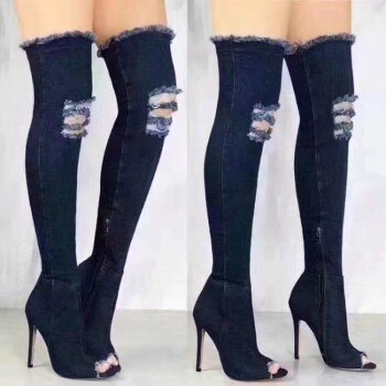 Hot Fashion Women Boots High Heels Spring Autumn Peep Toe Over The Knee Boots Tight High Stiletto Jeans Boots 2