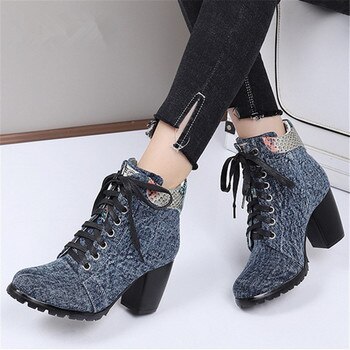 Ankle Boots for Women Chunky High Heel Denim Boots Platform Botas Mujer Ladies Autumn Short Booties Women Pumps 1