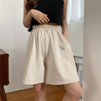 Elastic Waist Casual Beach Party Korean version clothing size High waist Moon embroidery movement shorts women Summer 2