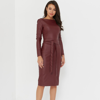 Pu Leather Sexy Bodycon Dress Sashes Sheath Slim Long Sleeve Winter Bandage Dress 2020 Elegant New Fashion Party Night Club 1