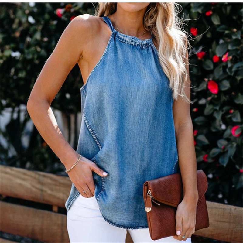2021 Fashion Trend Women Ladies Sexy Halter Denim Imitation Jean Vest Solid Color Lace up Sleeveless Casual Top Tanks Camisole 1
