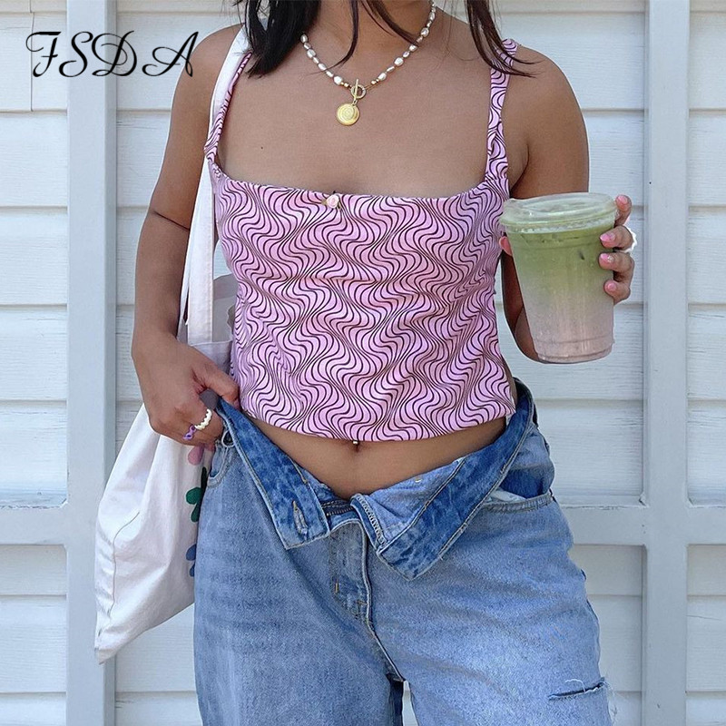 FSDA 2021 Backless Print Sleeveless Tank Tops Pink Bandage Off Shoulder Summer Crop Top Casual Sexy Fashion 4