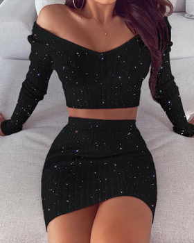 2020 Spring Fashion Women Sexy Casual Two-piece Set Suit Sets Bodycon Dress Glitter Off Shoulder Crop Top & Skirt Sets 1