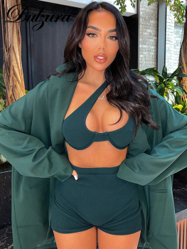 Dulzura 2022 Spring Summer Women Solid Ribbed 2 Pieces Irregular Crop Top Biker Shorts Set Streetwear Tracksuit Outfit Spor 1