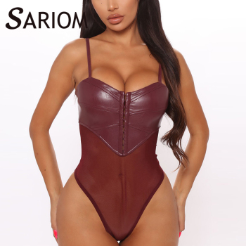 Patchwork Faux Leather Mesh See Through Corset Bodysuit Top Fall High Waist Long Sleeve Spaghetti Strap PU Padded Bodycon Romper 1