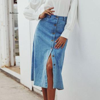 Summer women Elegant vintage long skirts womens 2021 retro Denim Women's Washed Blue High Waist Denim Skirt female skirts 1