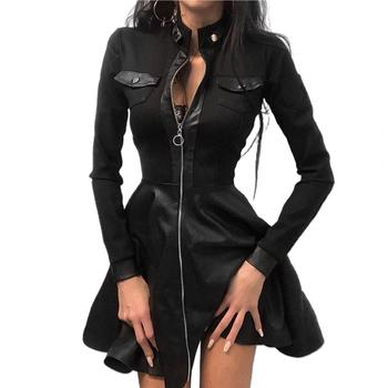 Fashion Dresses Women Lace Long Sleeve Zipper Pocket Large Hem Faux Leather Mini Dress Party elegant slim Sexy Women Dress 5