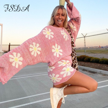 FSDA 2021 Summer Spring Casual Long Sleeve Women Sweater Top Knitted And Biker Shotrs Two Piece Sets Fashion 1