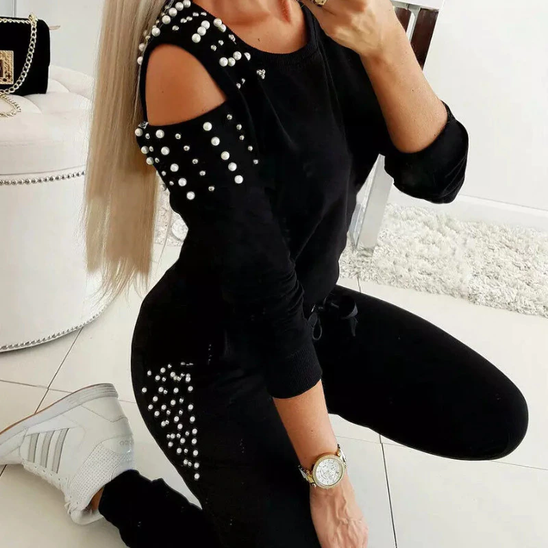 Women Ladies Tracksuit Cold Shouder Tops High Waist Bandage Fashion Pants 2Pcs Set Lounge Wear Casual Suit Women's Sets Autumn 1