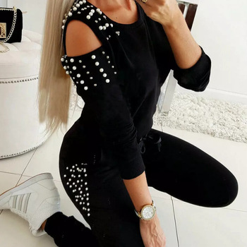 Women Ladies Tracksuit Cold Shouder Tops High Waist Bandage Fashion Pants 2Pcs Set Lounge Wear Casual Suit Women's Sets Autumn 1