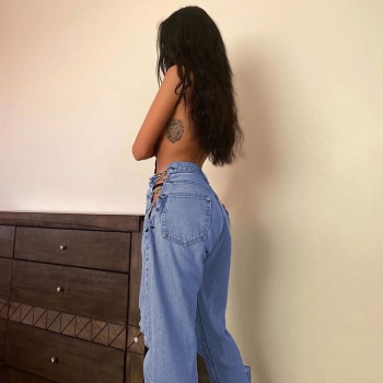 Side Cross Chain Wide-leg High Waist Sexy Elegant Europe Fashion Jeans  3
