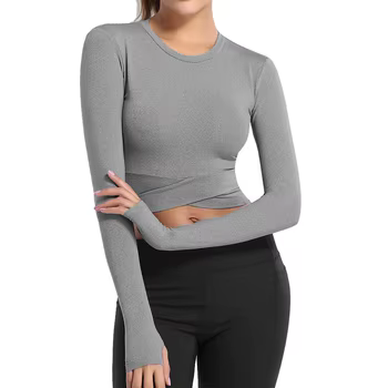 Crop Tops Women Yoga T-shirts Solid Sports Top Long Sleeve Running Shirts Sexy Exposed Navel Quick Dry Fitness Gym Sport Wear 7