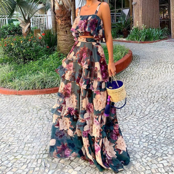 Women Summer Sexy Cake Skirt Sling Crop Top+Maxi Long Skirt Casual Floral Printed Ruffled High Waist Two Piece Set 2022 New 1