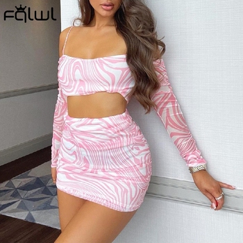 FQLWL Summer Print 2 Two Piece Sets Women Skirts 2021 Off Shoulder Long Sleeve Crop Top Sexy Mini Skirt Pink Club Matching Sets 3