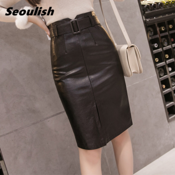 Seoulish 2021 Autumn Winter Black PU Leather Pencil Midi Skirts High Waist Split OL Elegant Sheath Wrap Skirts with Belt Female 1