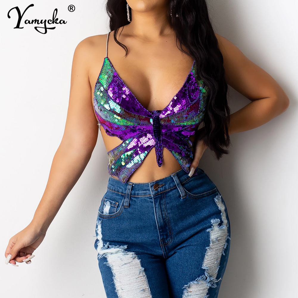 Sexy Halter Sequin Butterfly Top Corset y2k Crop Top Women Summer Top Club Womens Tops Backless Party Vintage Clothes Tank Top 1