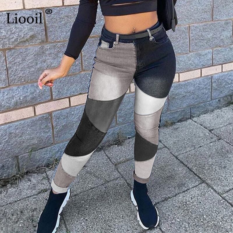 90s Color Block Boyfriend Skinny Jeans For Women Streetwear Black Blue Contrast Stitch High Waisted Pencil Pants Denim Trousers 1