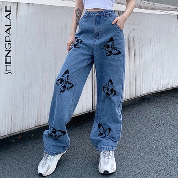 Cowboy Female Loose Streetwear Butterfly Print Jeans  1